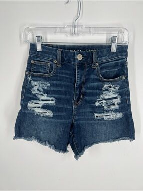 American Eagle Outfitters Dark Blue Distressed Curvy Hi-Rise Shortie Size 2